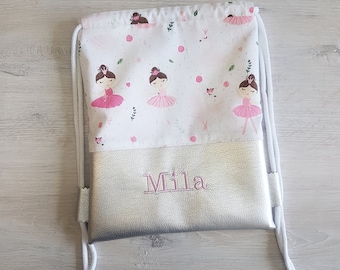 Turnbeutel personalisiert mit Namen / Kinderturnbeutel / Kindergartenturnbeutel / Rucksack / Baumwolle / Kunstleder / Ballerina weiß silber