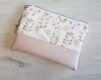 Kosmetiktäschchen personalisierbar / Kosmetiktasche / Kleines Täschchen / Baumwolle / Kunstleder / Blüten rosa / Kosmetiktasche XL