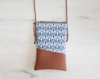 Phone case / Crossbody phone case / Shoulder bag / Cotton / Faux leather / Vegan / Bows blue