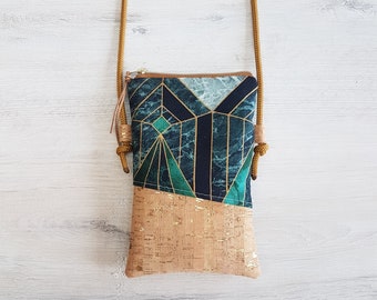 Capa para celular / Capa transversal para celular / Bolsa de ombro / Lona / Cortiça / Vegana / Verde geométrico