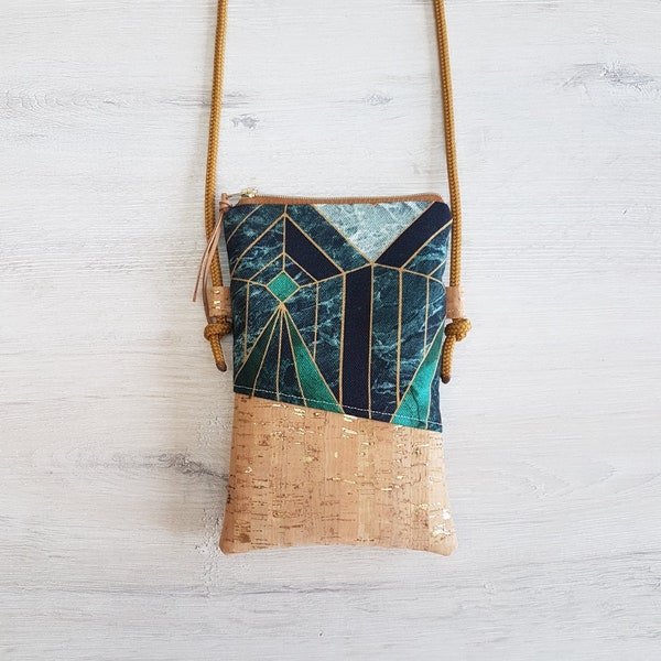 Mobile phone bag / mobile phone bag for hanging around / crossbody / shoulder bag / canvas / cork / vegan / geometric green