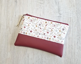 Personalized cosmetic bag with name / XL cosmetic bag / Small bag / Cotton / Faux leather / Floral design, burgundy