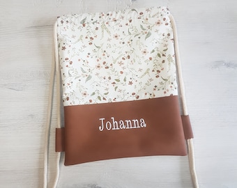 Bolsa de gimnasio personalizada con nombre / bolsa de gimnasio para niños / bolsa de gimnasio para jardín de infantes / algodón / piel sintética / flores florales