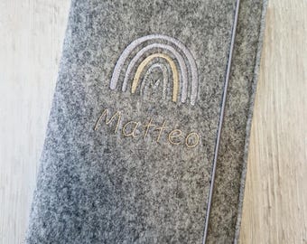 Personalized maternity record book cover with name / Child health record book cover / Mother and child passport cover / Rainbow / Felt / Plain grey melange