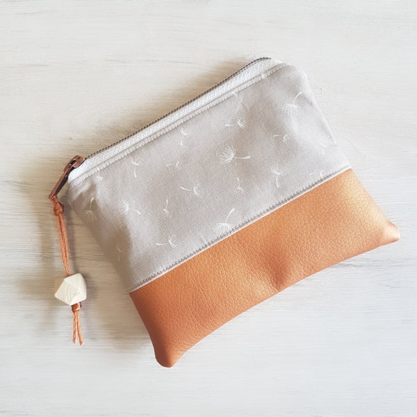 Cosmetic bag, makeup bag XL, tampon bag, small bag, dandelion, taupe, copper-colored, faux leather, cotton