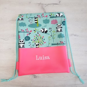 Sac de sport avec nom / sac de sport enfant / sac de sport maternelle / sac à dos / coton / simili cuir / panda rose fluo