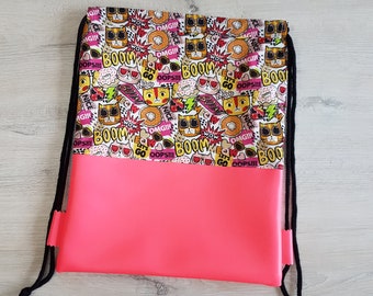 Turnbeutel mit Namen / Kinderturnbeutel / Kindergartenturnbeutel / Rucksack / Baumwolle / Kunstleder / Katze Donut neonpink