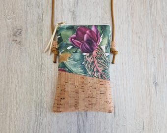 Bolsa para celular / Bolsa para celular de ombro / Crossbody / Bolsa de ombro / Lona / Cortiça / Vegana / Floral com flores tropicais