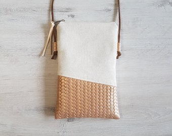 Phone case / Crossbody phone case / Shoulder bag / Canvas / Faux leather / Vegan / Gold-colored cable knit