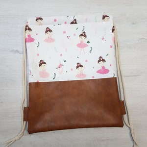 Sac de sport personnalisé avec nom / sac de sport pour enfants / sac de sport pour maternelle / sac à dos / coton / simili cuir / ballerine blanc marron