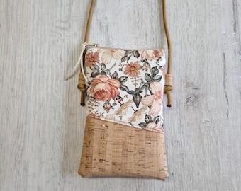 Capa para celular / Capa transversal para celular / Bolsa pequena / Bolsa de ombro / Algodão / Cortiça / Floral vintage
