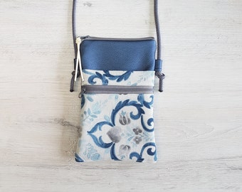 Phone bag for wearing around the neck / Crossbody bag / Small bag / Shoulder bag / Cotton / Faux leather / Geometric blue