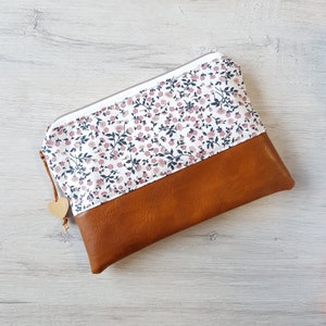 Kosmetiktäschchen, Kosmetiktasche XL ,makeup bag, Tampontäschchen, kleines Täschchen, Blumen, floral, Baumwolle, Kunstleder, braun, rosa