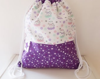 Children's gym bag with name and inner fabric, kindergarten gym bag, gym bag, gym bag, sports bag, cats, baby cat, stars, purple, white