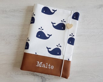 U booklet cover personalized with name / health booklet cover / examination booklet cover / cotton / faux leather / maritime / whales maritime
