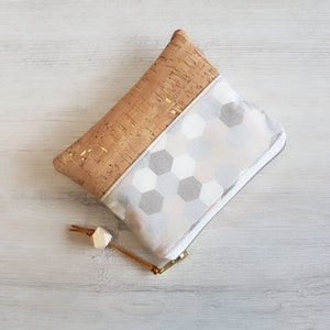 Bolsa de cosméticos, bolsa de maquillaje, bolsa de tampones, bolso pequeño, tela de corcho, geométrico, algodón, pastel