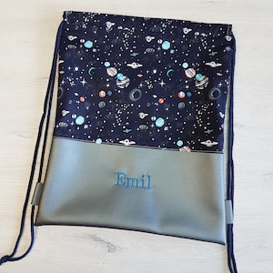 Sac de sport avec nom, sac de sport pour enfants, sac de sport pour maternelle, sac à dos, espace, planètes, coton, simili cuir, étoiles