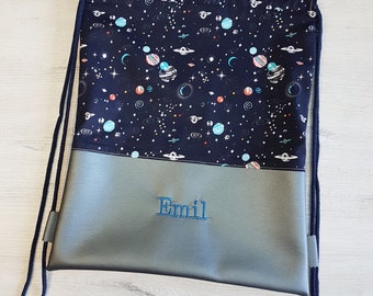 Gym bag with name, children's gym bag, kindergarten gym bag, backpack, space, planets, cotton, imitation leather, stars