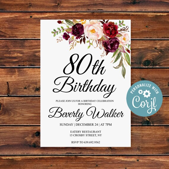 Editable 80th Birthday Invitation, Any Age Women Birthday Invitation, Floral Birthday Invitation, Burgundy Invitation, Marsala Birthday - 71 Il_570xn