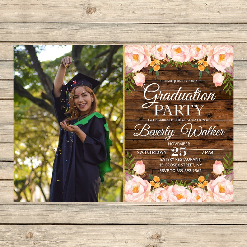 Floral Graduation Party Invitation Rustic Wood Pastel Flower Etsy