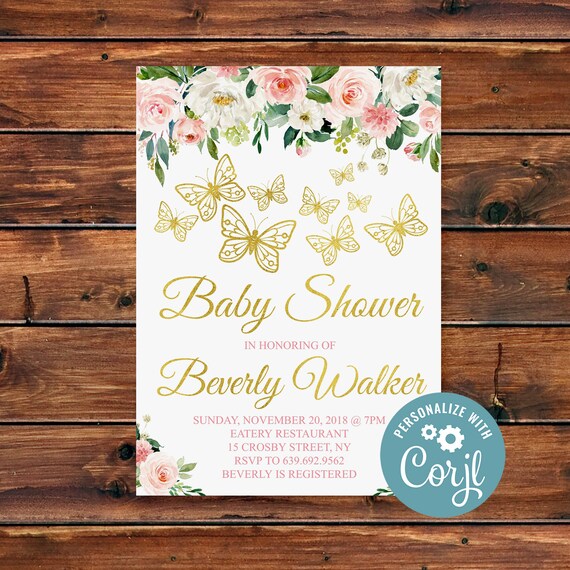 Editable Floral Butterfly Invitation, Pink Floral Butterfly Invite,Butterfly Baby Girl Baby Shower, Online Instant Edit Template 24 Il_570xn