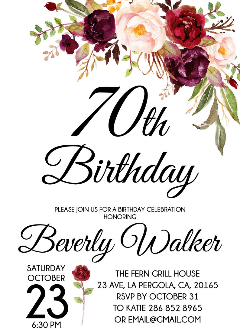 70th Birthday Invitation Any Age Women Birthday Invitation | Etsy