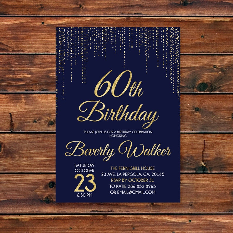 60th Birthday Invitation Navy Gold Birthday Invitation