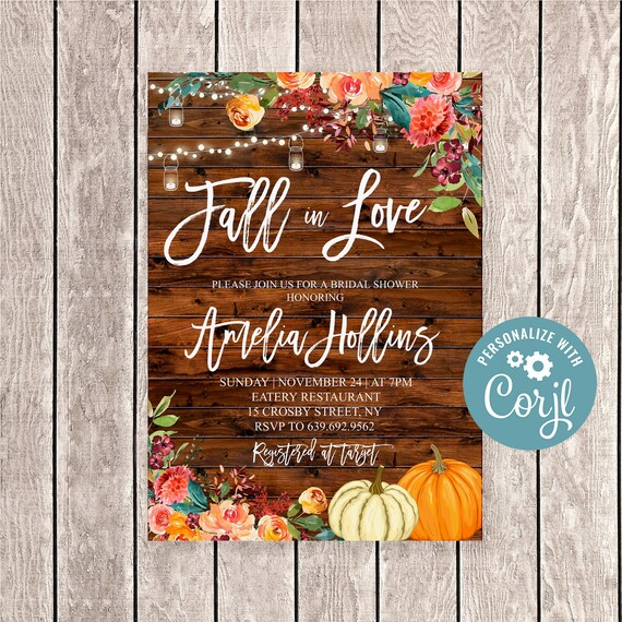 Editable Fall in Love Bridal Shower Invitation, Autumn Bridal Shower String Lights Wood Invitation, Rustic Fall in Love Invitation Il_570xn