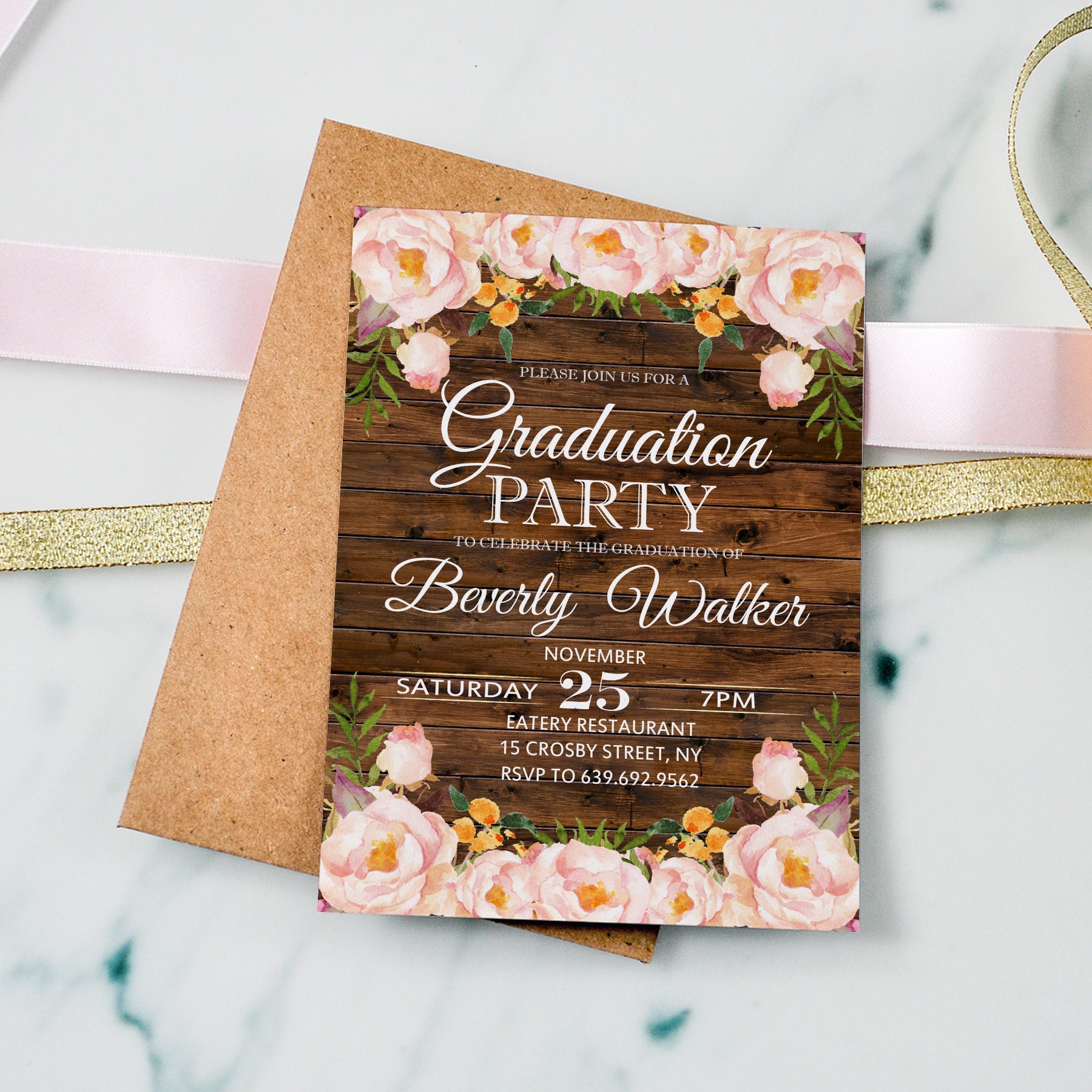 Floral Graduation Party Invitation Rustic Wood Pastel Flower Etsy