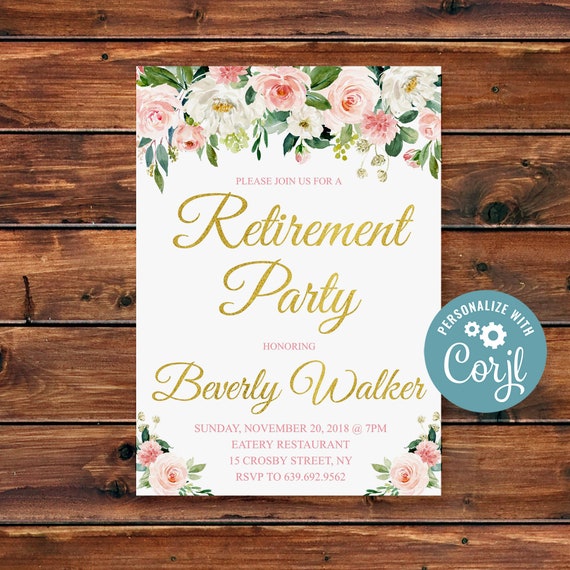 Editable Blush Floral Retirement Party, Invitation Peach Blush, Retirement Party, Invite Bohemian Retirement, Party Retirement Invitation 3 Il_570xn