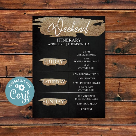 Editable Weekend Itinerary Printable Dark & Gold Weekend Itinerary Invitation Template Hens Party Bachelorette Birthday Weekend Digital Il_570xn