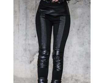 Riot Leggings (black unique leggings-avantgarde-futuristic fashion-street high fashion-women clothing-festival fashion-faux leather)