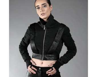 Zone Short Jacket (futuristic-cyberpunk-apocalyptic-alternative woman clothing-zip jacket-festival fashion-unique jacket-dystopian-leather)