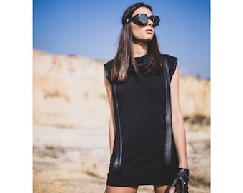 Whispering Desert Top (zwarte jurk-korte tuniek-alternatieve dameskleding-cyberpunk-apocalyptic-burning man-straatmode-festivaljurk)