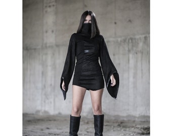 Masari Dress (black unique dress-avantgarde fashion-long sleeve dress-futuristic fashion-cyberpunk-dystopian-street high fashion-high collar