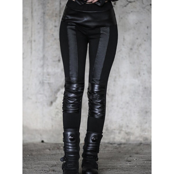 Riot Leggings (black unique leggings-avantgarde-futuristic fashion-street high fashion-women clothing-festival fashion-faux leather)