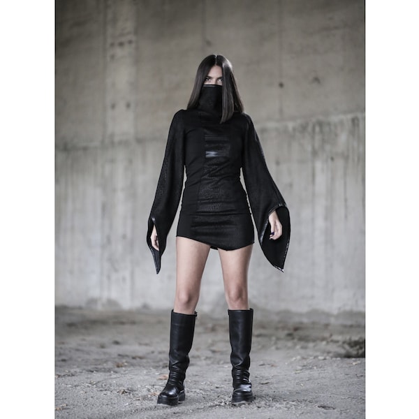 Masari Dress (black unique dress-avantgarde fashion-long sleeve dress-futuristic fashion-cyberpunk-dystopian-street high fashion-high collar