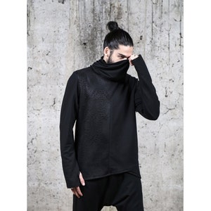 Serrakin Pullover: Black High Collar Long Sleeve Shirt, Avantgarde Top, Asymmetric Black Shirt Men