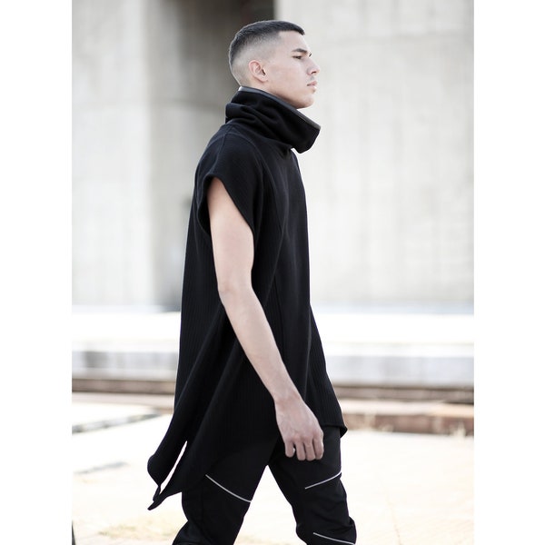 Roger Poncho (men clothing-high neck poncho-men black tunic-alternative clothing-loose tunic-dystopian-street fashion-wool men poncho)