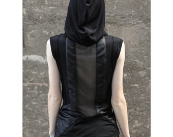 Top de bota (camiseta negra sin mangas, top de malla transparente para mujer, ropa cyberpunk, atuendo futurista para festivales)