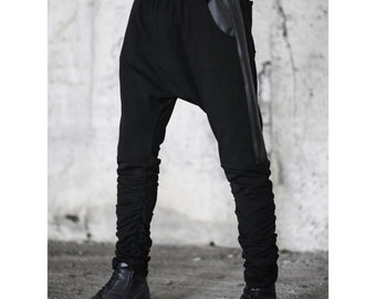 Meekrob Trousers: Drop Crotch Pants Men, Black Loose Trousers, Futuristic Streetwear, Alternative Fashion Clothing for Men
