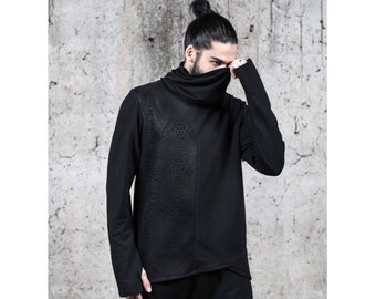 Serrakin Pullover: Black High Collar Long Sleeve Shirt, Avantgarde Top, Asymmetric Black Shirt Men