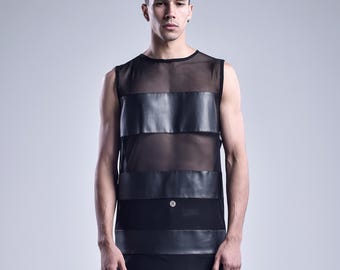 Seraph Tank Top: Men's Black Tank Top | Futuristic Sleeveless Top | Black Mesh Streetwear