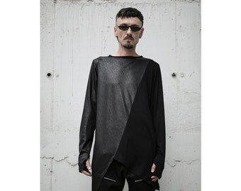 Activator Top (Black Asymmetric Long Sleeve Top, Thumbhole Tunic, Men Streetwear Clothing)
