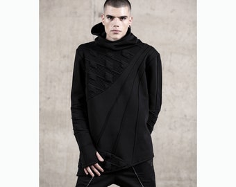 Nathan Hoodie (black hoodie-street men fashion-men's wear-avantgarde-futuristic clothing-cyberpunk-dystopian-festival fashion-unique men)