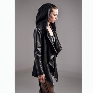 Erectus Jacket (black faux leather jacket-avantgarde-futuristic clothing-black fashion-unique-dystopian-cyberpunk clothing-asymmetric jacket