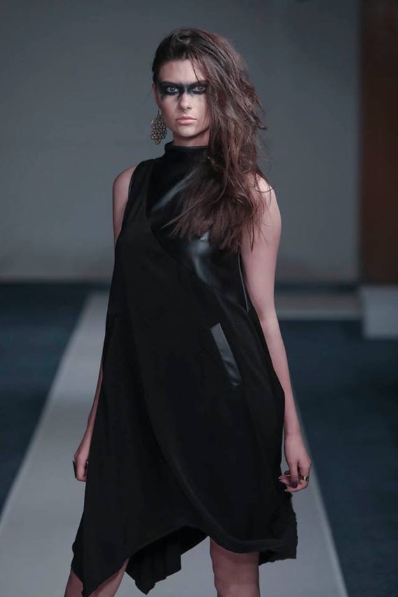 black dress with leather panels Milennial Asymmetric Black Dress with Faux Leather Panels