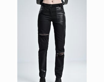 Strata Pants, Black Gabardine Faux Leather Panel Zipper Trousers