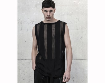 Vetune Tank: Men Top, All Black Clothing, Street Fashion Men, Men's Wear, Black Mesh Top, Techno Clothing, Festival Fashion Men