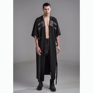 mens leather dress Black V-neck, Faux Yoke Robe - MD Men Avant Garde Clothing black dress shoes men